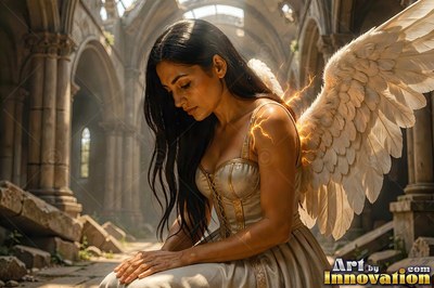 In a ruined stone cathedral, a winged woman kneels quietly in a pale corset dress