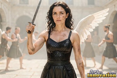 Holding a dagger, a woman with wings in black leather armor stands in a sunny courtyard