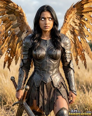 A winged woman in metal armor carries a sword while standing in dry golden grass