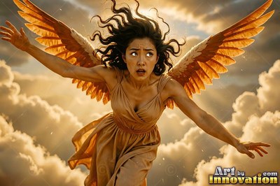 Diving forward through bright clouds, a woman with wings in a tan dress reaches out
