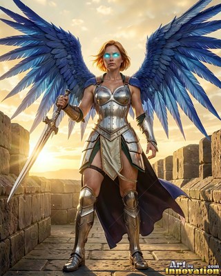 A feathered woman dressed in shining silver armor wields a sword on a sunlit stone wall
