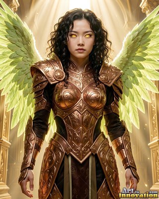 In a bright hall, a winged woman in bronze armor stands facing forward