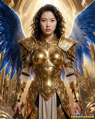 Standing ready in gold plate armor, a woman spreads wide blue feathered wings