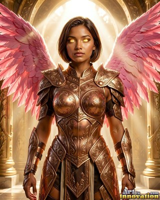 Woman in bronze armor with pink wings and bright eyes