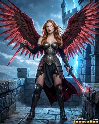 Dark metal armor covers a winged woman holding two swords on a stone castle wall