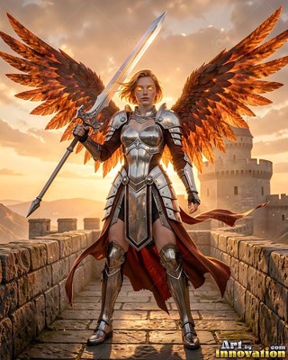 A winged woman dressed in polished silver armor grips a sword on a castle wall at sunset