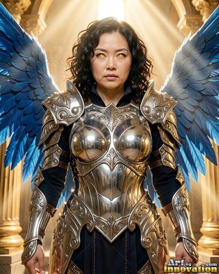 Under sunny rays, a woman wears bright silver armor and bright blue feathered wings