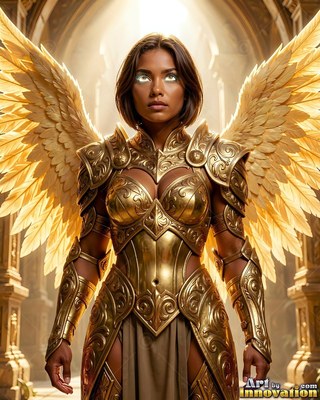 Standing under stone arches, a winged woman wears bright golden armor