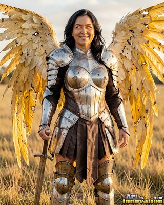A woman in steel plate armor with golden feathered wings in a field