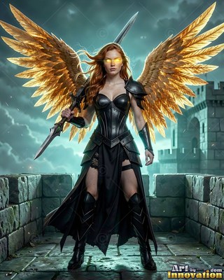 A woman with wings holds a sword on a castle roof with bright gold feathers behind her