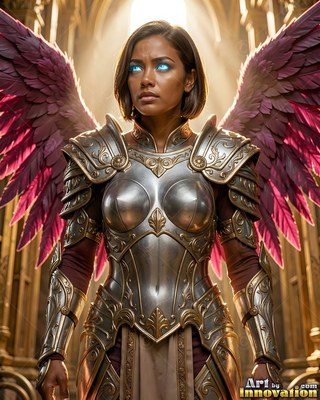 Woman with blue eyes and pink wings in silver armor