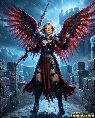 Standing on stone castle walls, a woman with wings in dark armor holds a sword