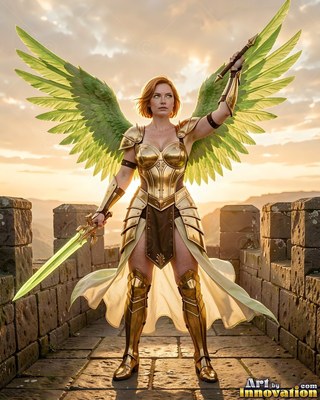 On a stone castle wall, a woman in golden armor spreads green feathered wings