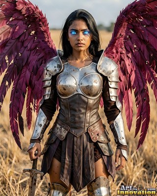 Standing in a dry field, an armored woman with blue eyes spreads purple wings