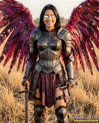 A smiling woman in dark armor with crimson feathered wings in a field