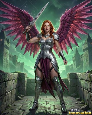 Bright silver armor fits a red-haired woman with purple wings on a stone castle wall