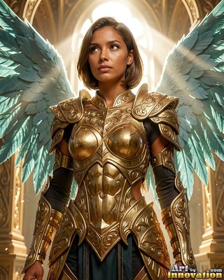 A winged woman stands in shining gold armor under soft sunbeams from a high window
