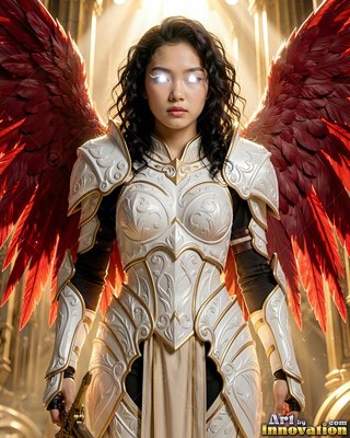 Facing forward in a sunlit hall, a woman wears white armor with red wings