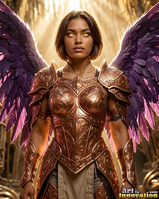 Under bright sunlight, a woman wears bronze armor and spreads purple wings