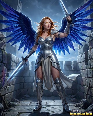 Holding two swords, a red-haired woman with blue wings stands in polished silver armor