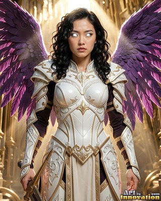 Woman in white armor with purple wings holding a sword