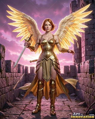 A woman with wings in shining gold armor stands holding a sword beneath a soft purple sky