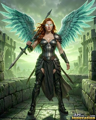 Standing on a stone castle wall, a winged woman in dark armor holds a spear