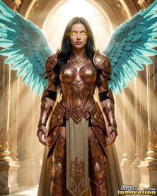 A woman in bronze armor stands with bright blue wings spread in a sunny hall