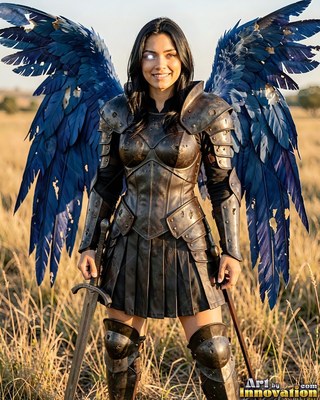 In a grassy field, a smiling woman in dark armor stands with blue feathered wings