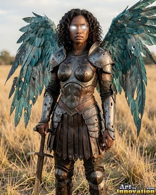 Standing in a grassy field, a winged woman wields a sword in battered armor