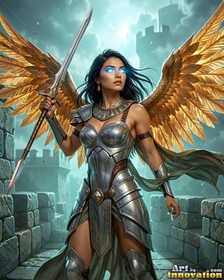 Winged woman clad in a suit of silver armor carries a sword on stone walls
