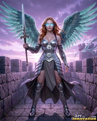 Polished bright silver armor covers a woman with wings holding an upright sword atop a stone wall