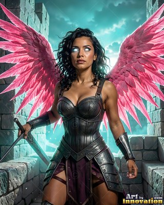 A woman in dark armor grasps a sword with bright pink wings spread wide
