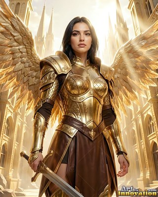 Standing straight in a sunlit city, a woman with wings wears gold armor and wields a sword