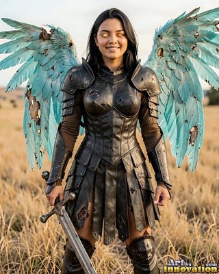 A smiling woman in dark armor holds a sword with blue wings open in a field