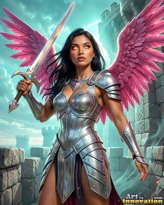 On stone castle walls, a winged woman in shining silver armor holds a raised sword