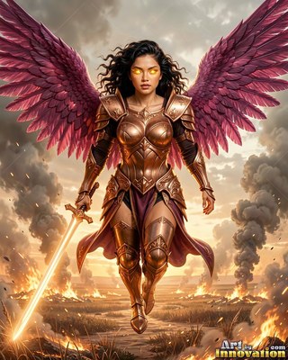 A winged woman in bronze armor walks with a bright sword