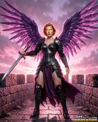 An armored winged woman carries a sword on stone ramparts against pink evening clouds