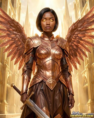 Facing forward in a bright city, a winged woman carries a sword in bronze armor