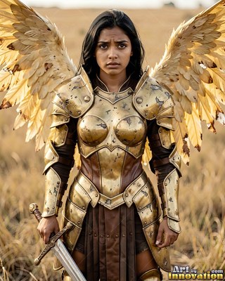 A woman with wings stands in golden armor holding a sword in a field