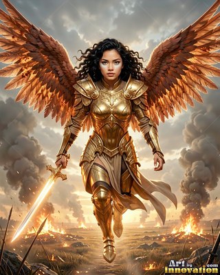 On a smoky battlefield, a feathered woman in gold armor marches with a shining sword