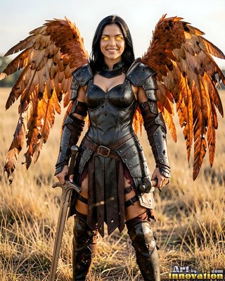 Standing in a dry field, an armored woman with brown wings holds a sword
