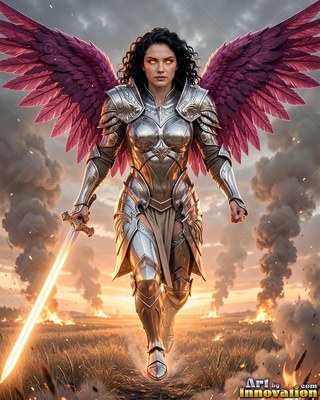 A woman clad in silver armor with purple wings walks with a bright sword
