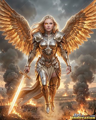 Gold plate armor covers a winged woman holding a sword above a smoking battlefield