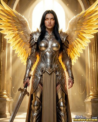 A winged woman in silver armor grasps a sword in a bright hall