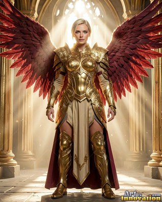 In a bright stone hall, a blonde woman stands in gold armor with red wings