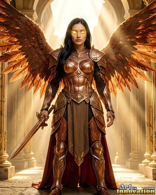 Holding a sword, an armored woman with golden wings stands in bright sunlight