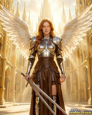Woman in polished silver armor with white wings holding a sword