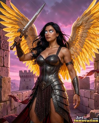 In dark steel armor on a castle wall, a woman with golden wings raises a sword under a pink sky