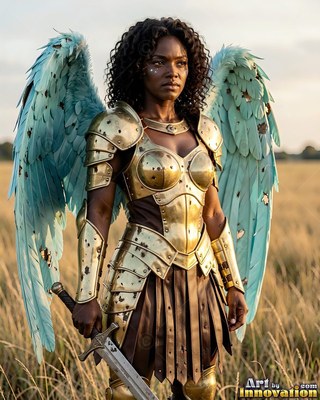 A Black woman in shining gold armor wields a sword with light blue wings in a field